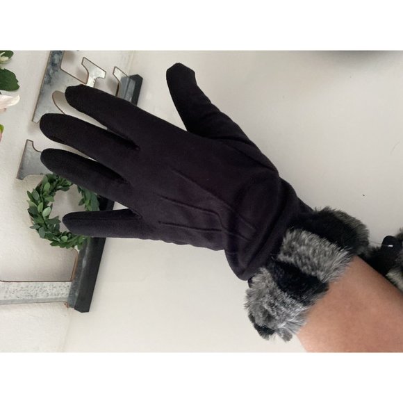 Vintage XS  Women's Faux Fur‎ Trim Gloves Winter Warm Black Gray Animal Print 2 - Picture 8 of 16